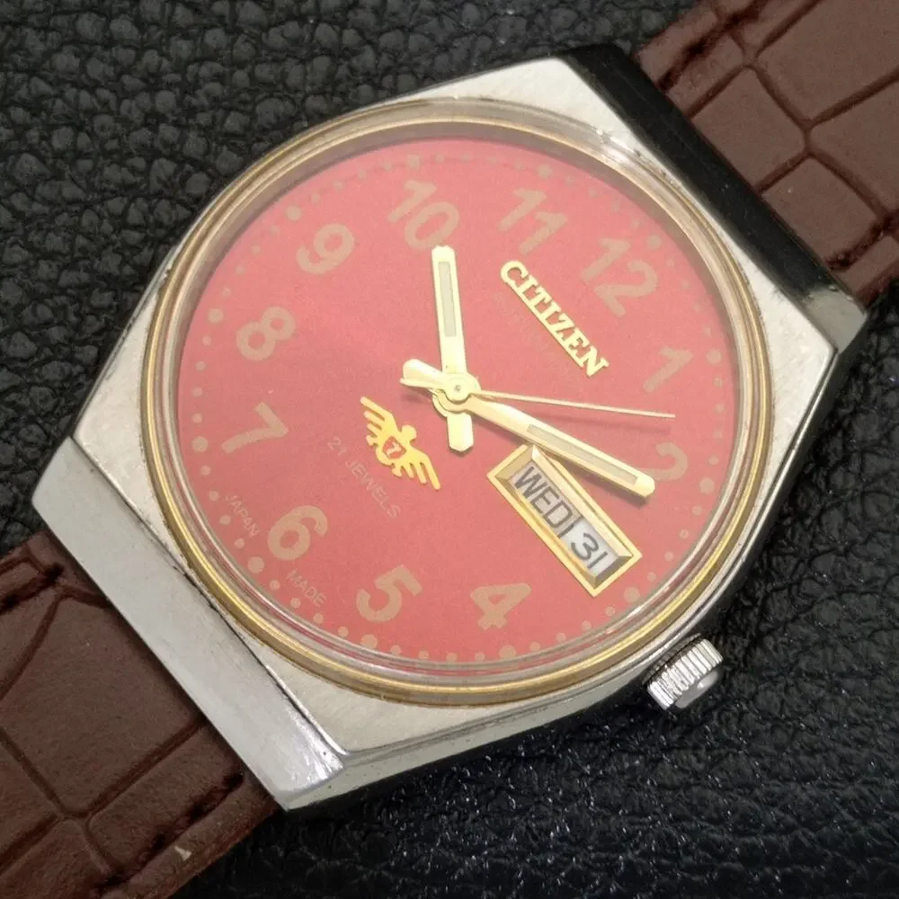 Vintage 1979 Citizen Automatic Mens Silver Watch W/daydate & Red accents